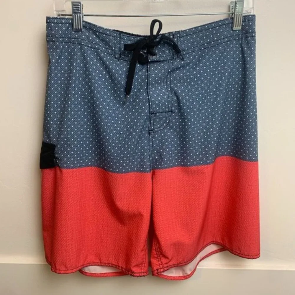 B. Split Red & Blue Colorblock Swim Trunks